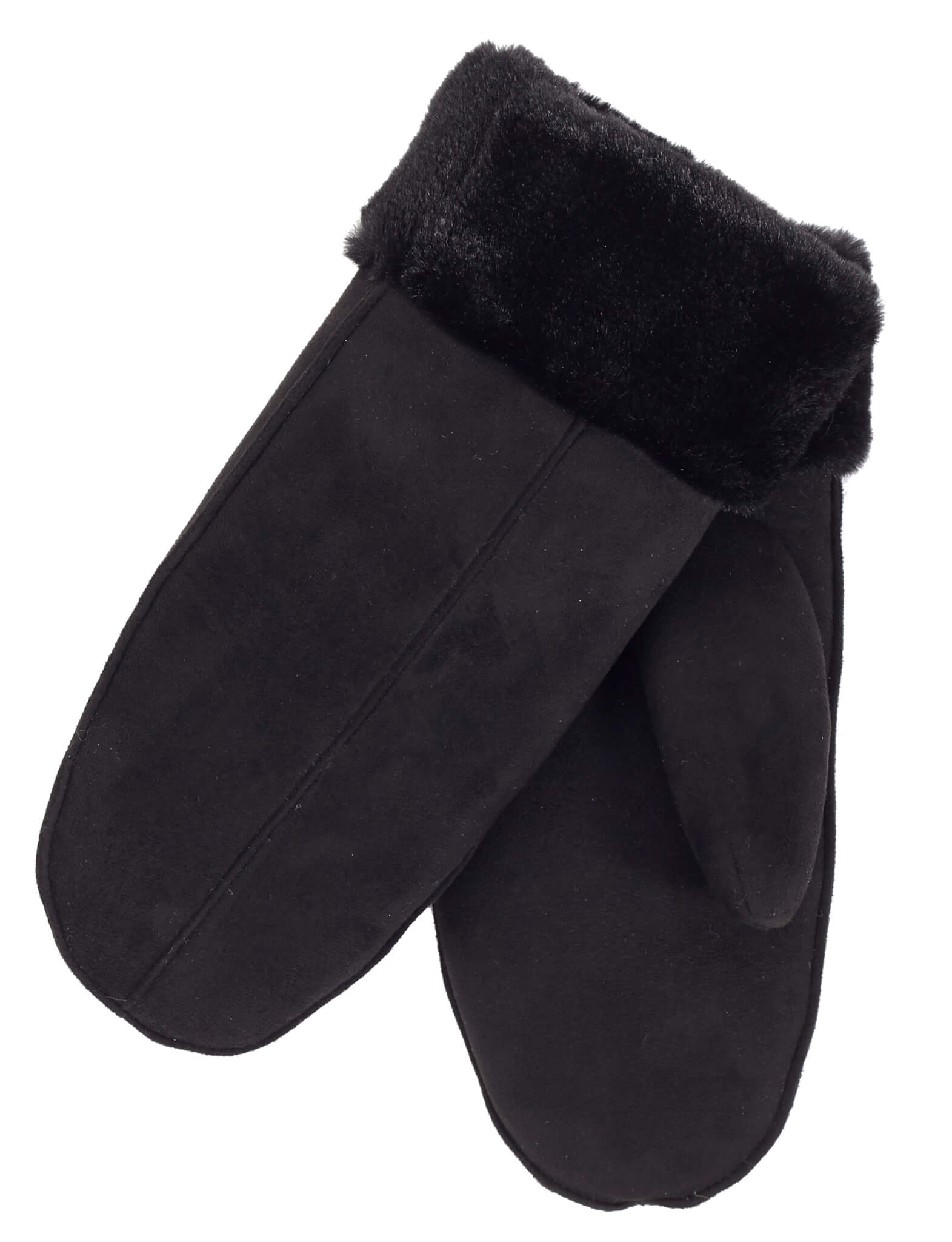 WOMEN'S MITTENS WITH FAUX FUR TRIM - BLACK