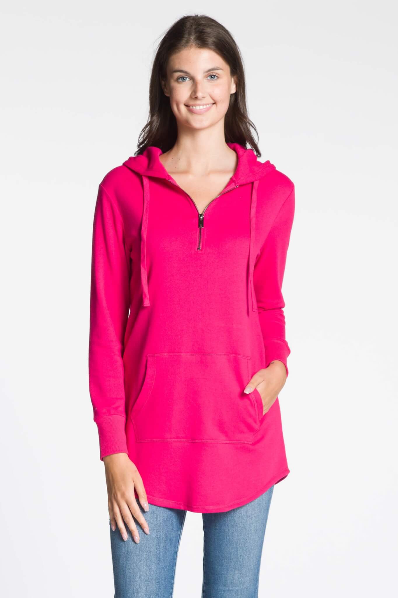 WOMEN'S HOODED TUNIC TOP - RASPBERRY