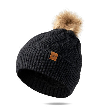 WOMEN'S BLACK KNIT POM POM HAT