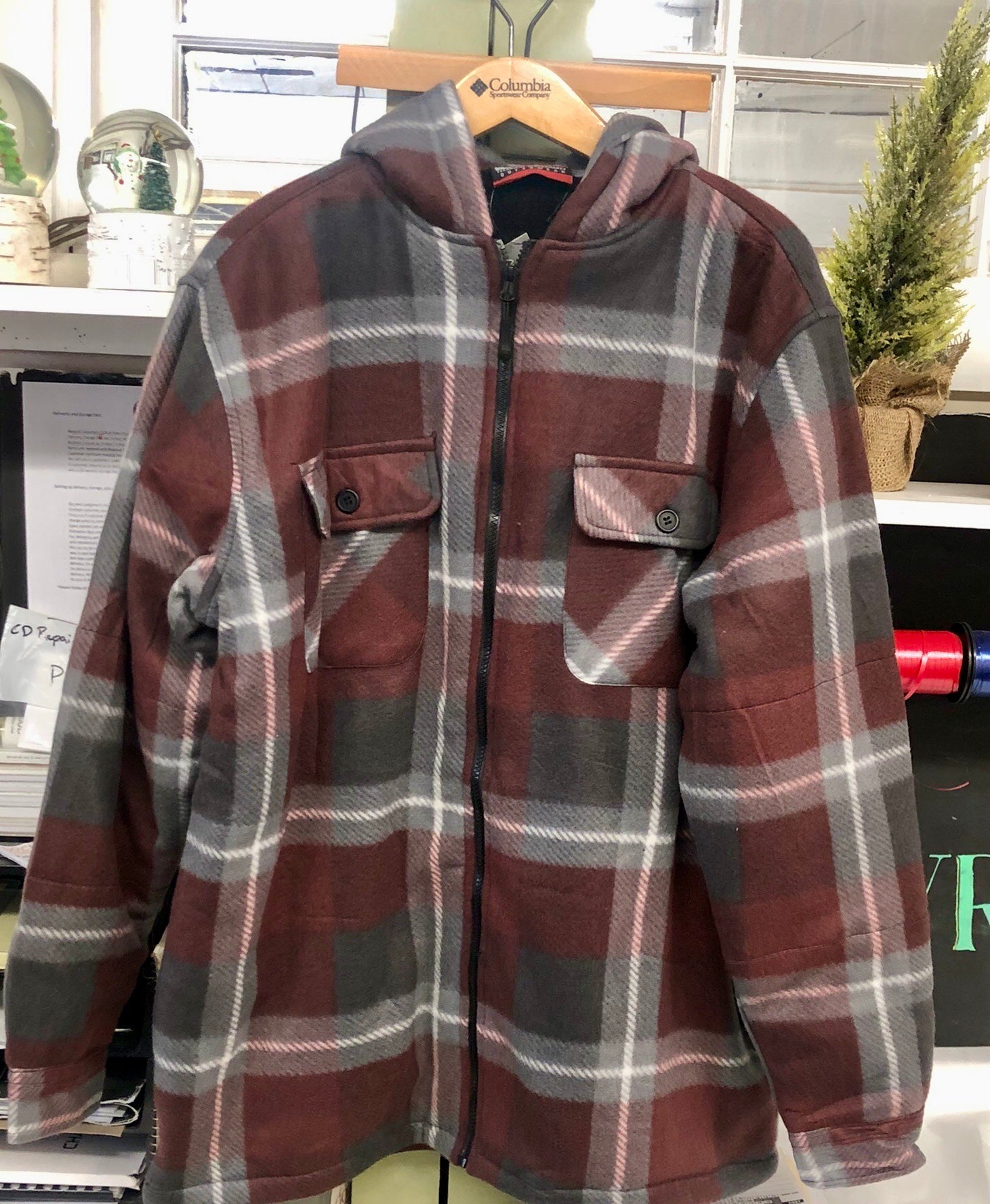 MEN'S BURGENDY HOODED PILE JACKET