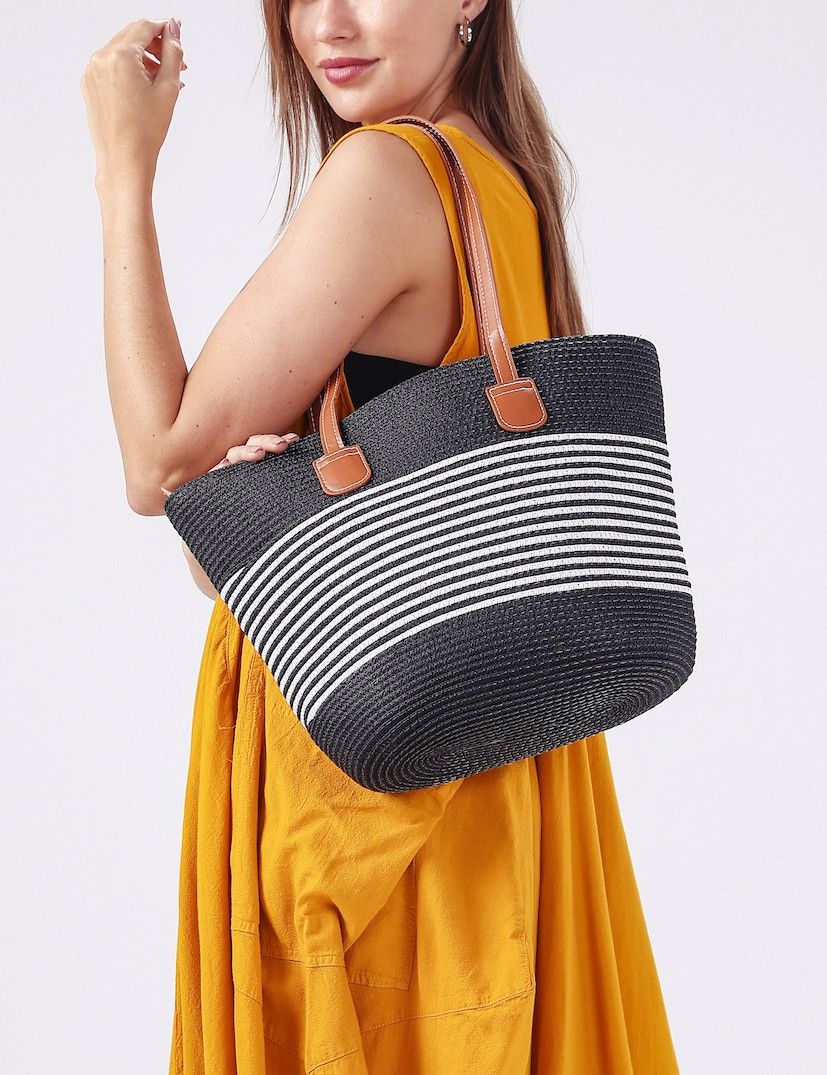 NAVY STRAW SHOPPING TOTE