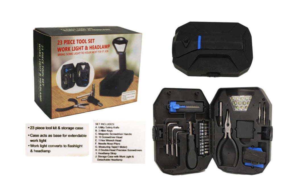 23 PIECE TOOL SET, WORK LIGHT & HEADLAMP