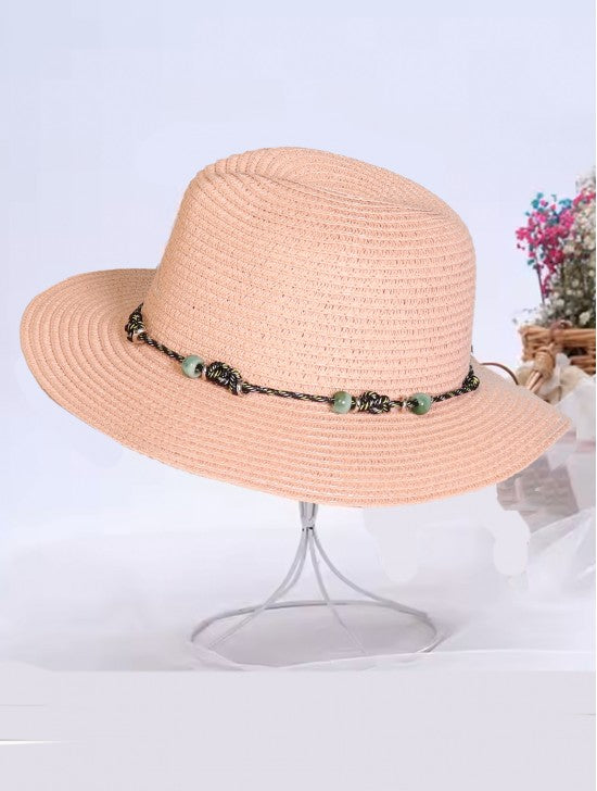LADIES WIDE BRIM SUMMER HAT WITH BEADS AND BOW