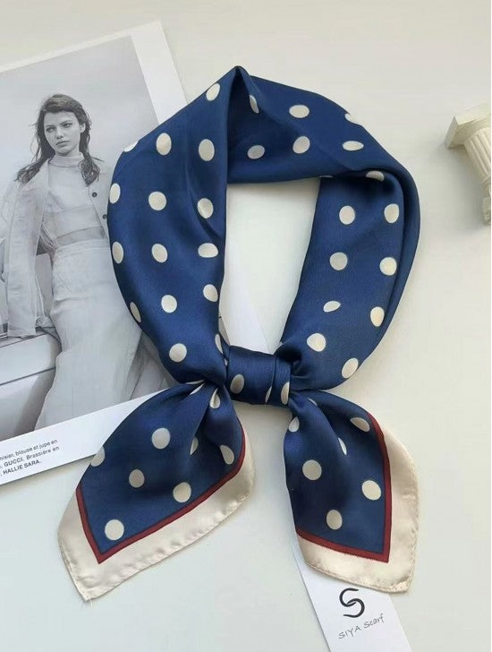 LADIES NAVY SILK FEELING POLKA DOT PATTERNED SQUARE SCARF