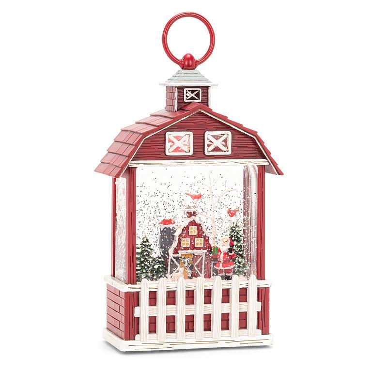 RED BARN SHAPED GLITTER LED LANTERN (9.5"H)