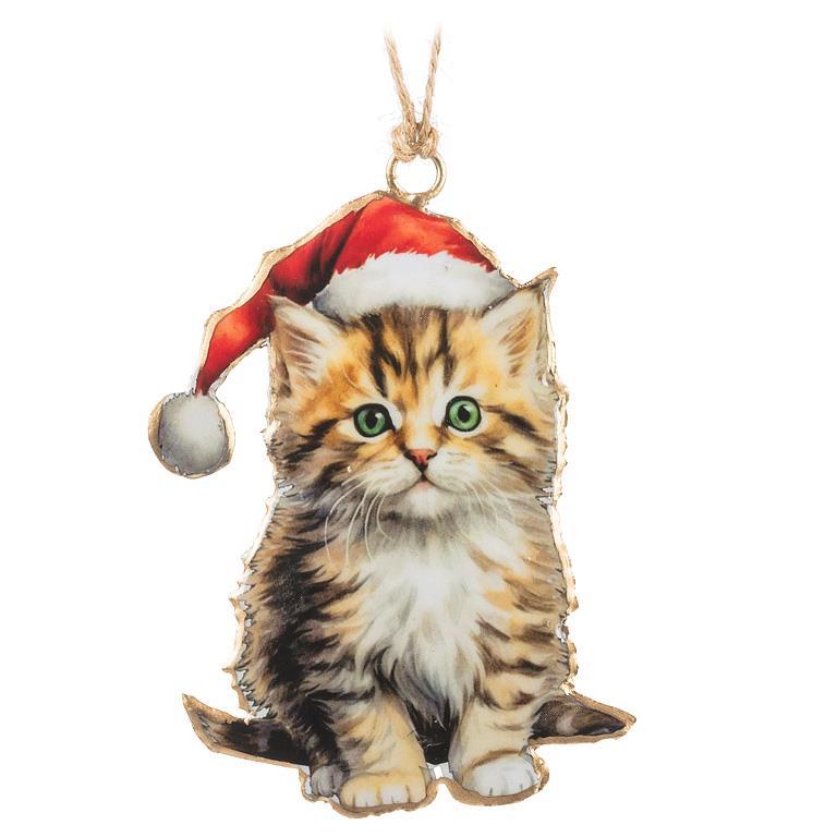 KITTEN WITH SANTA HAT ORNAMENT (4"H)
