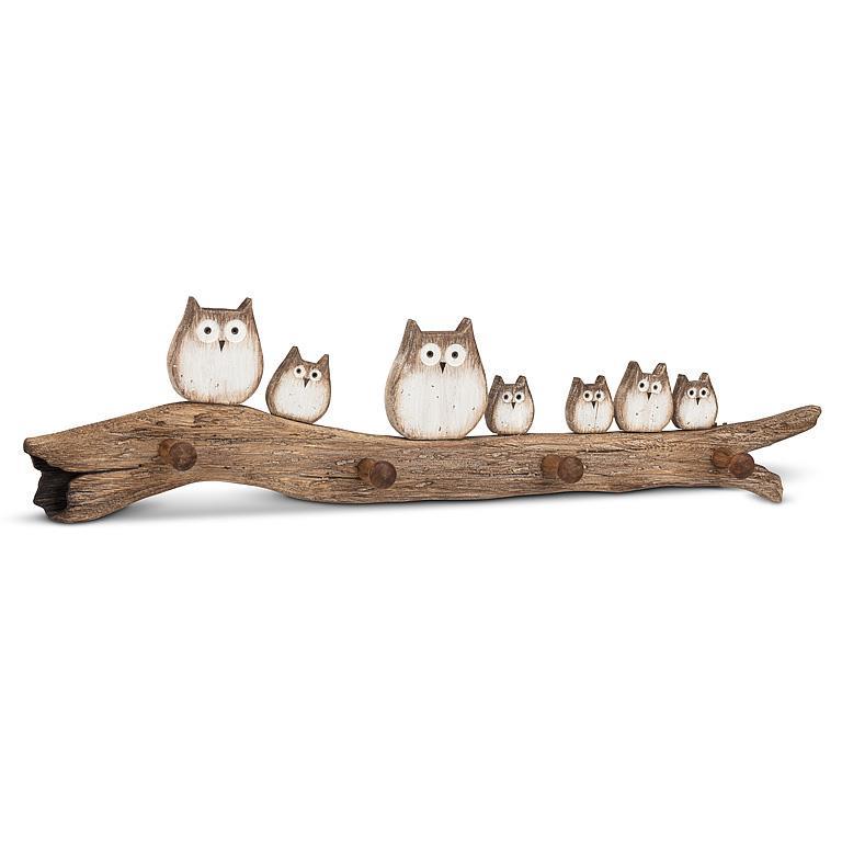 LARGE RUSTIC OWL FAMILY WITH 4 HOOKS