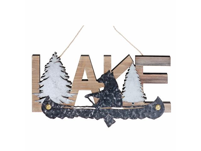 WOODEN LAKE & METAL BEAR ON CANOE WALL DECOR