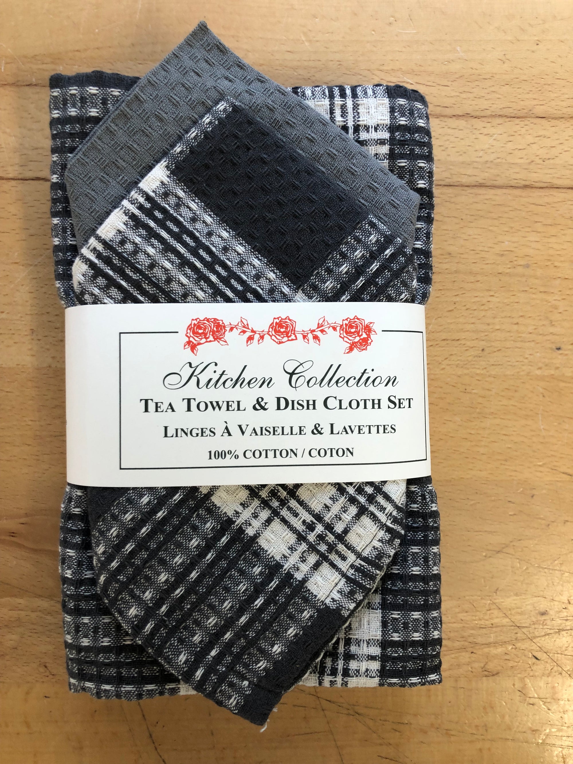 STONE GREY PLAID TEA TOWEL & DISH CLOTH SET