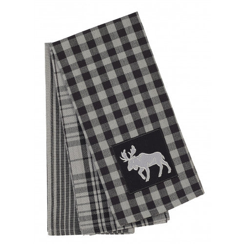 APEX - GREY CHECK W/ MOOSE 3 PC TEA TOWEL SET